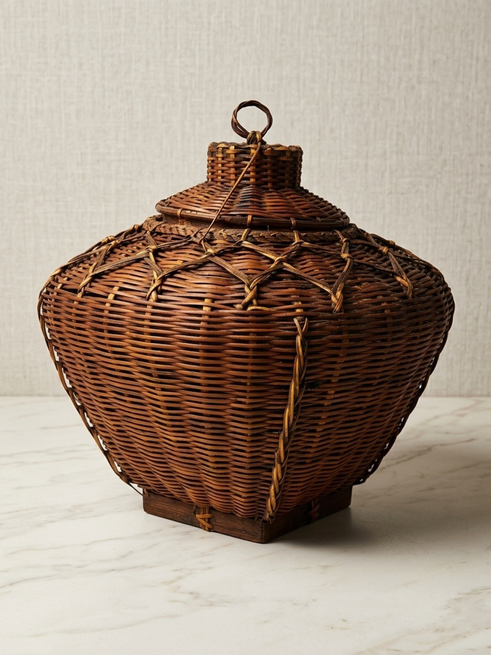 Vintage Asian Woven Rattan Basket with Square Base and Lid Home Decor